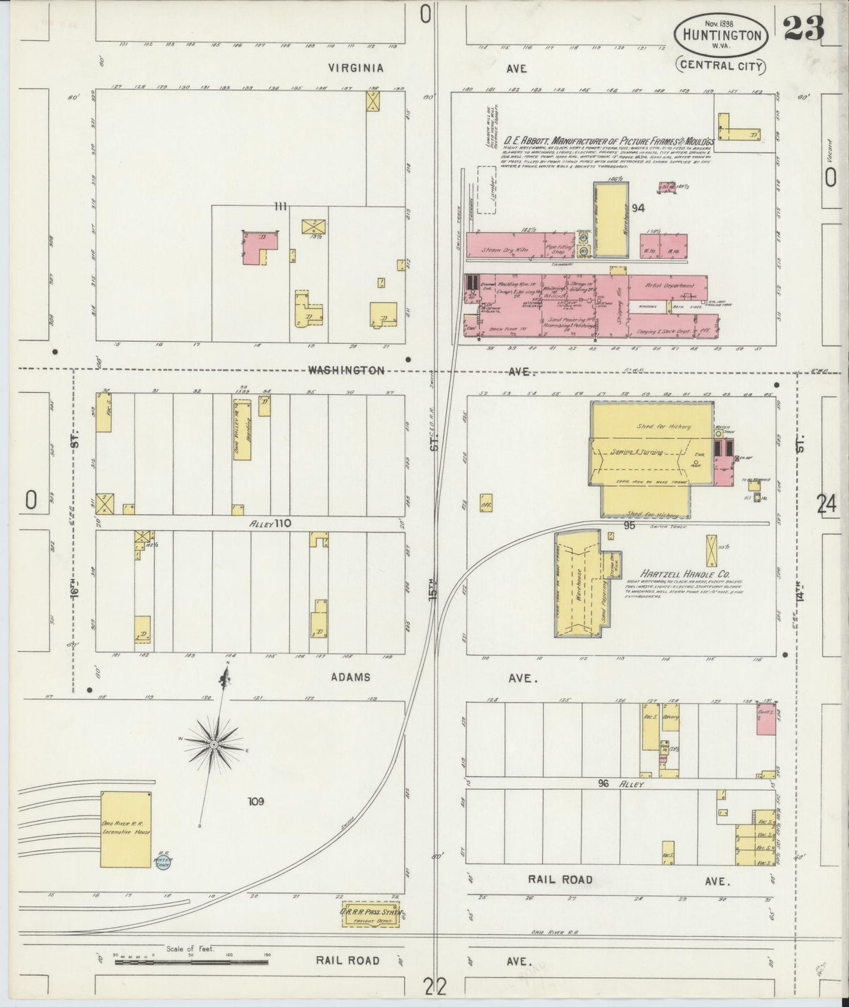 Sanborn Fire Insurance Map from Huntington, Cabell County, West Virginia (1898), Sheet #0023 - Historic Sanborn Fire Insurance Map Print, vintage old map wall art, antique decor, genealogy gift, West Virginia West Virginia map