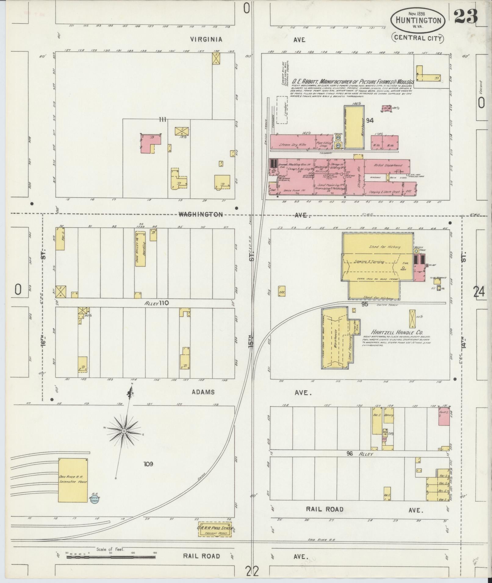 Sanborn Fire Insurance Map from Huntington, Cabell County, West Virginia (1898), Sheet #0023 - Historic Sanborn Fire Insurance Map Print, vintage old map wall art, antique decor, genealogy gift, West Virginia West Virginia map