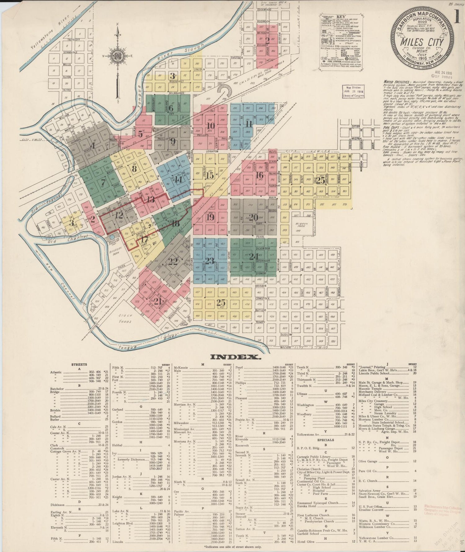Sanborn Fire Insurance Map from Miles City, Custer County, Montana. (1916) – Historic Sanborn Fire Insurance Map Print