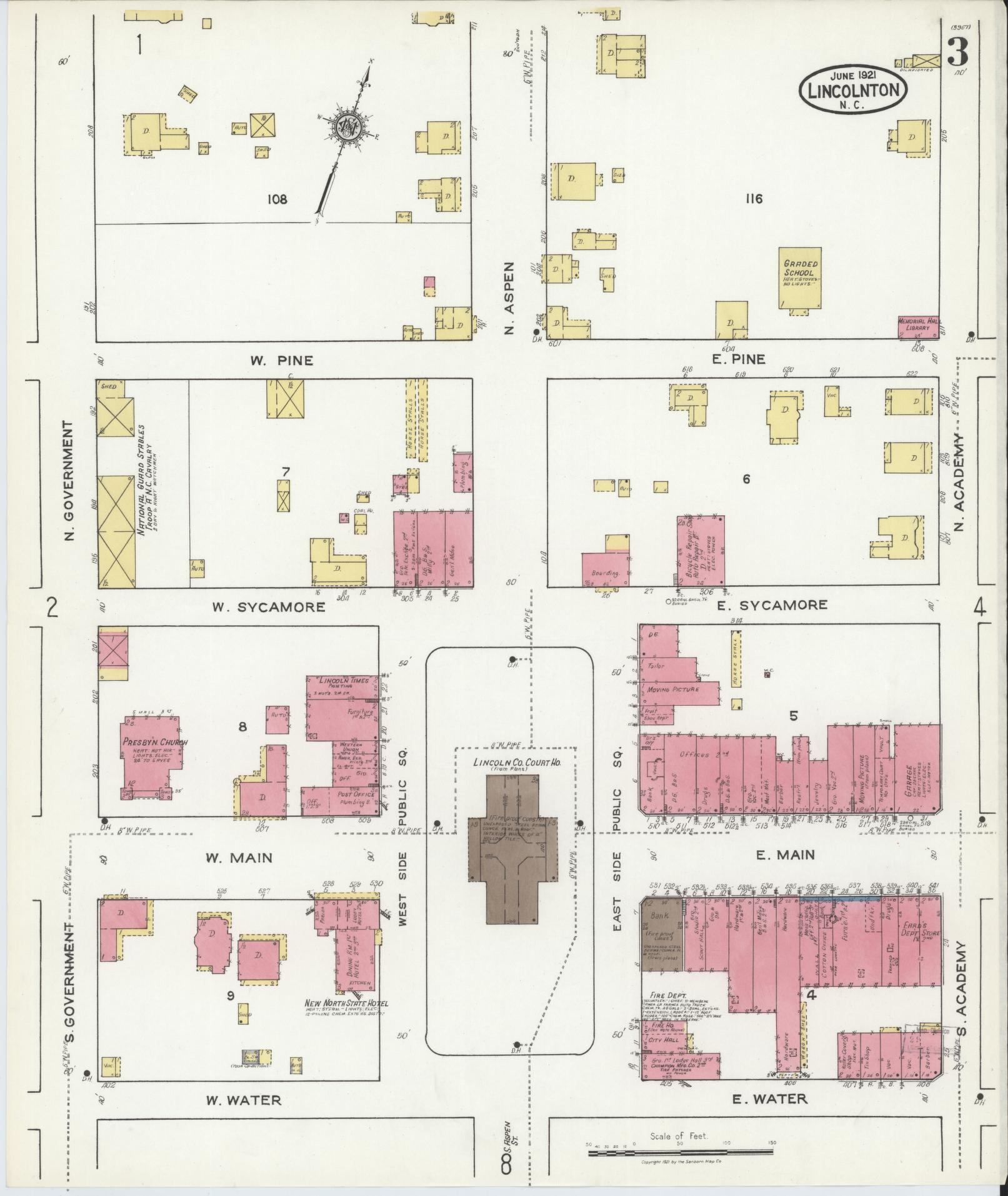 Sanborn Fire Insurance Map from Lincolnton, Lincoln County, North Carolina (1921), Sheet #0003 - Complete Map Set gallery image, historic Sanborn map, vintage wall art, North Carolina North Carolina