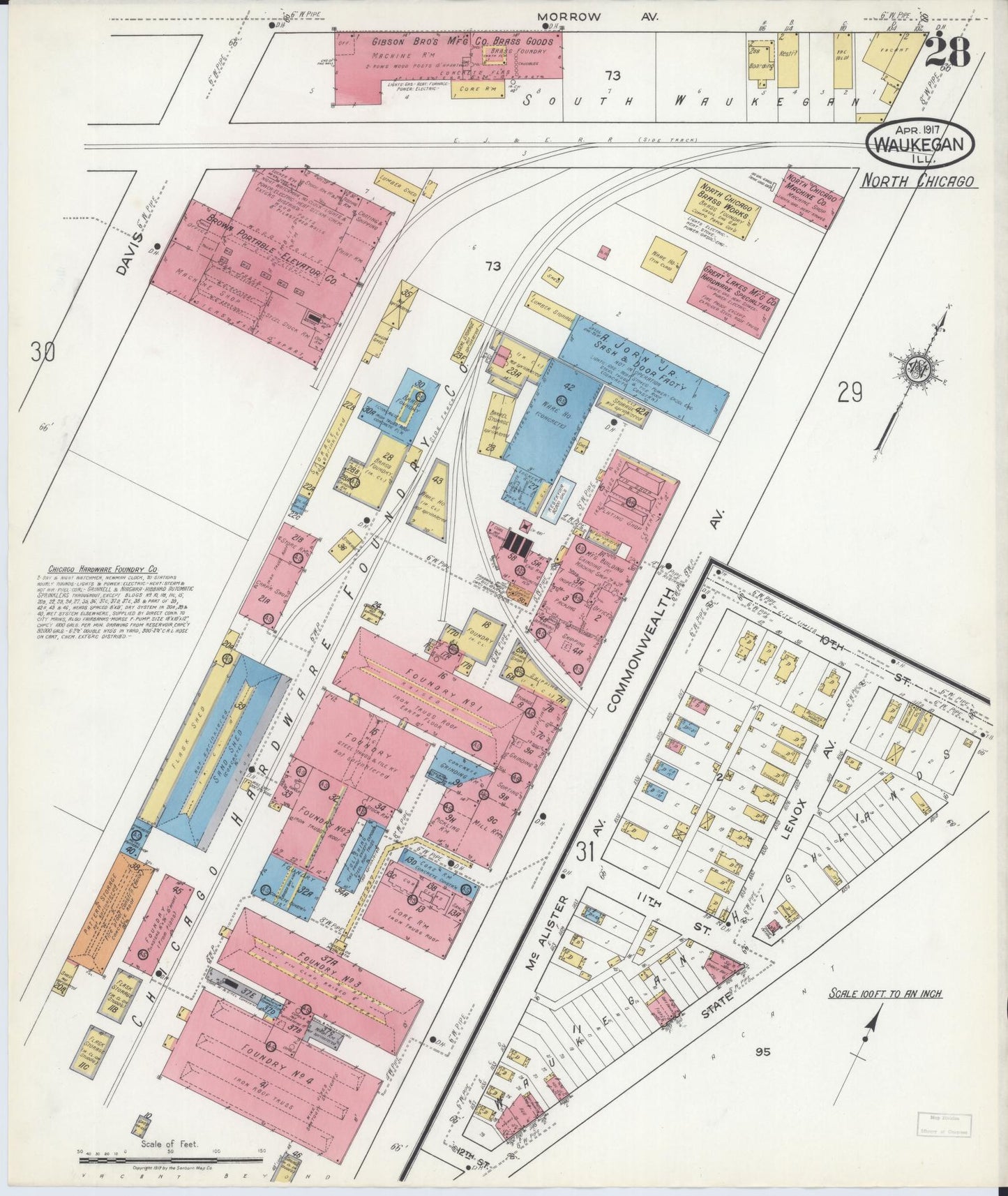 Sanborn Fire Insurance Map from Waukegan, Lake County, Illinois. (1917), Sheet 28 – Historic Sanborn Fire Insurance Map Print