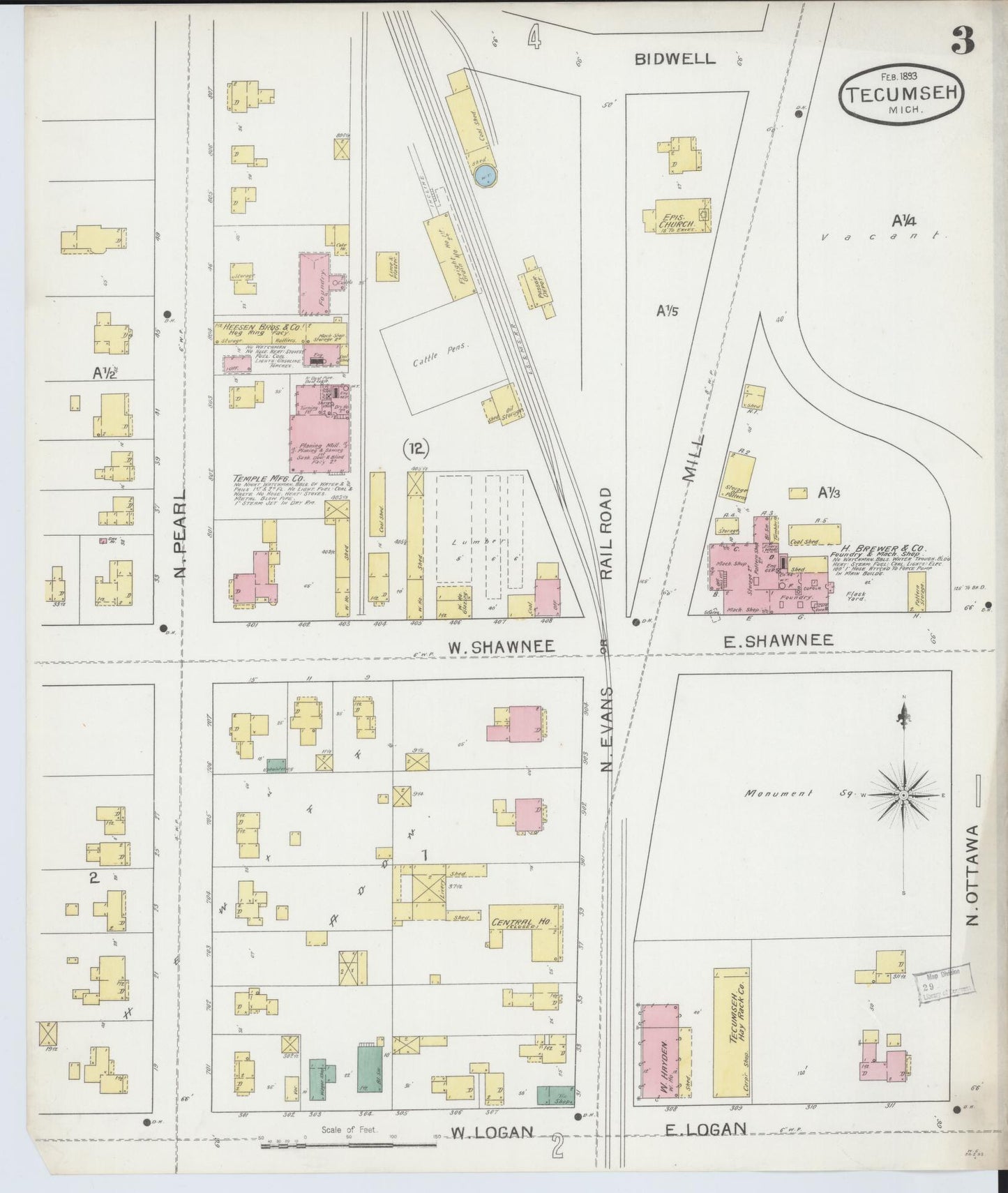 Sanborn Fire Insurance Map from Tecumseh, Lenawee County, Michigan (1893), Sheet #0003 - Historic Sanborn Fire Insurance Map Print, vintage old map wall art, antique decor, genealogy gift, Michigan Michigan map