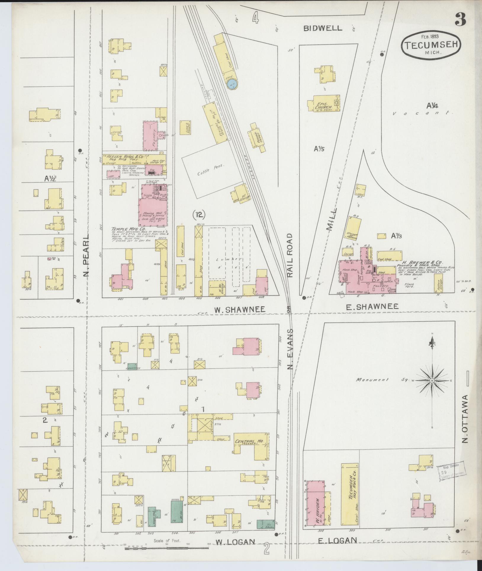 Sanborn Fire Insurance Map from Tecumseh, Lenawee County, Michigan (1893), Sheet #0003 - Historic Sanborn Fire Insurance Map Print, vintage old map wall art, antique decor, genealogy gift, Michigan Michigan map