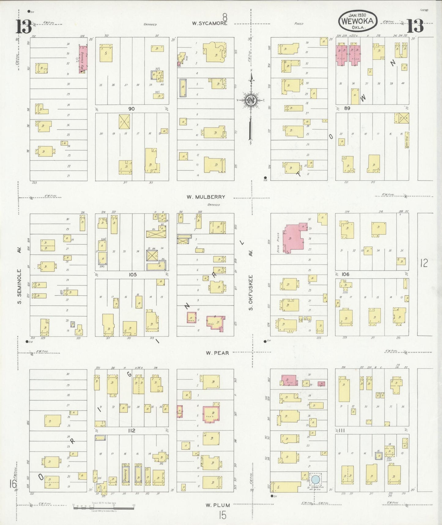 Sanborn Fire Insurance Map from Wewoka, Seminole County, Oklahoma (1930), Sheet #0013 - Complete Map Set gallery image, historic Sanborn map, vintage wall art, Oklahoma Oklahoma