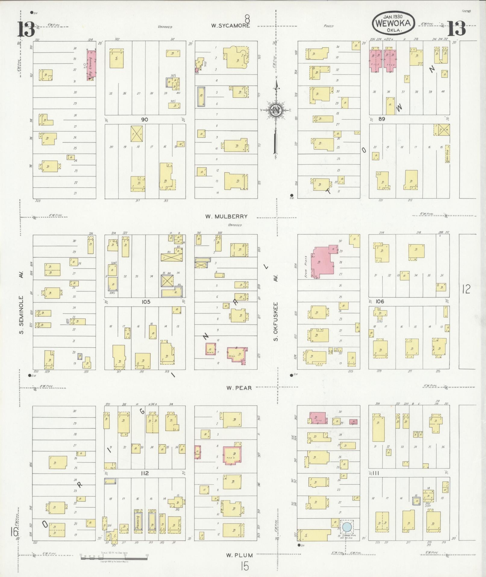 Sanborn Fire Insurance Map from Wewoka, Seminole County, Oklahoma (1930), Sheet #0013 - Complete Map Set gallery image, historic Sanborn map, vintage wall art, Oklahoma Oklahoma