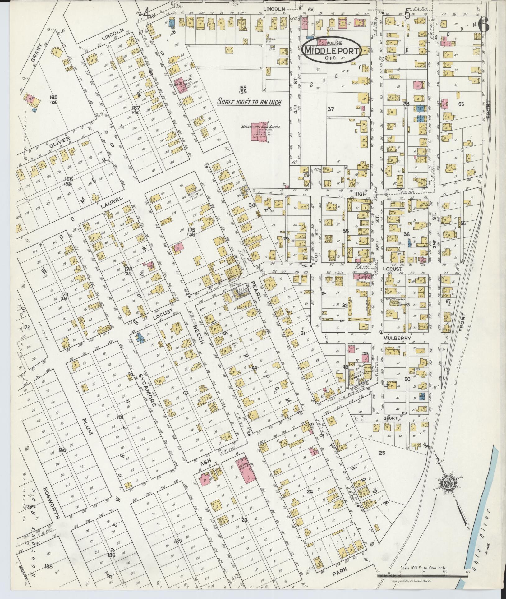 Sanborn Fire Insurance Map from Middleport, Meigs County, Ohio (1916), Sheet #0006 - Historic Sanborn Fire Insurance Map Print, vintage old map wall art, antique decor, genealogy gift, Ohio Ohio map