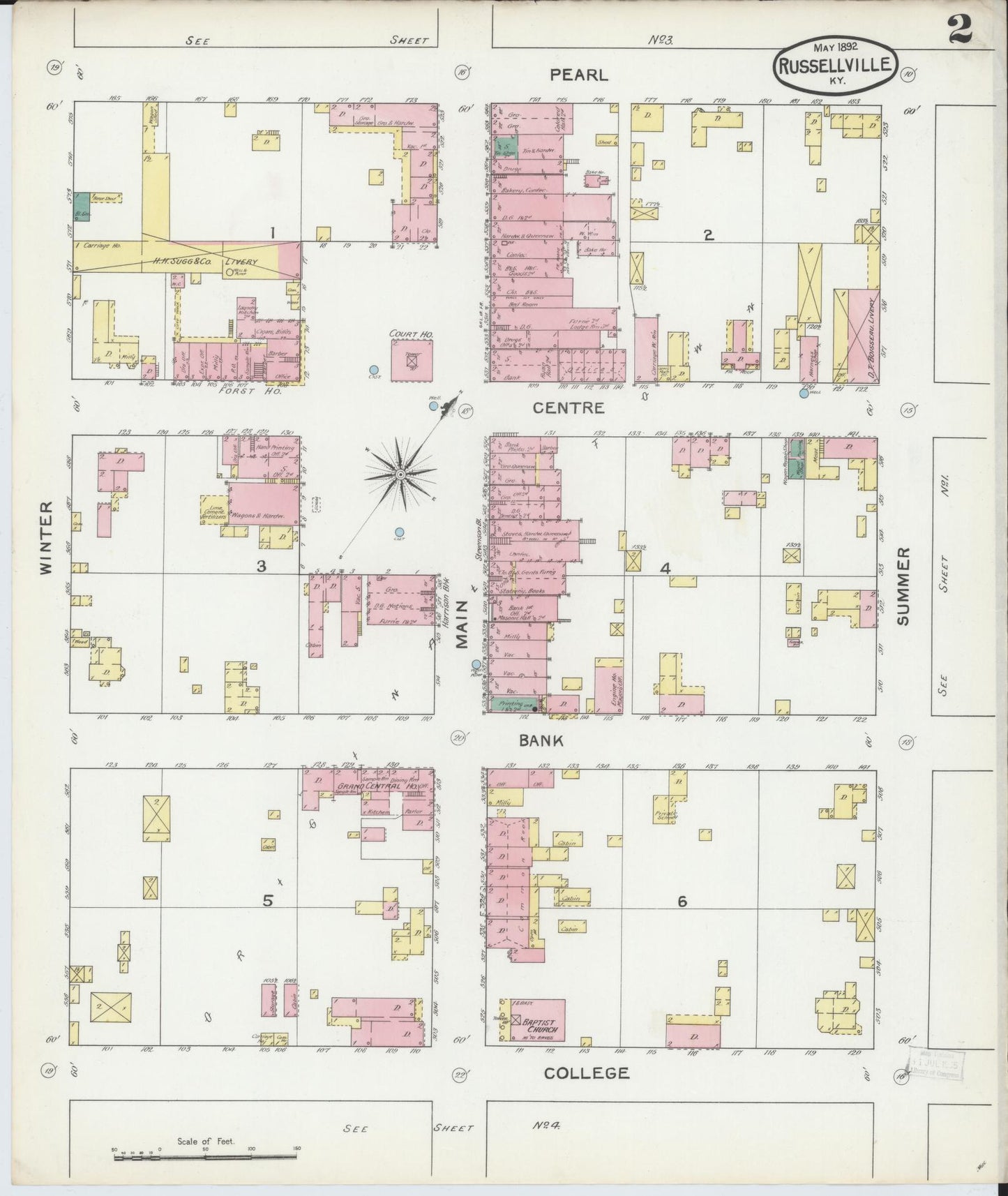 Sanborn Fire Insurance Map from Russellville, Logan County, Kentucky (1892), Sheet #0002 - Historic Sanborn Fire Insurance Map Print, vintage old map wall art, antique decor, genealogy gift, Kentucky Kentucky map