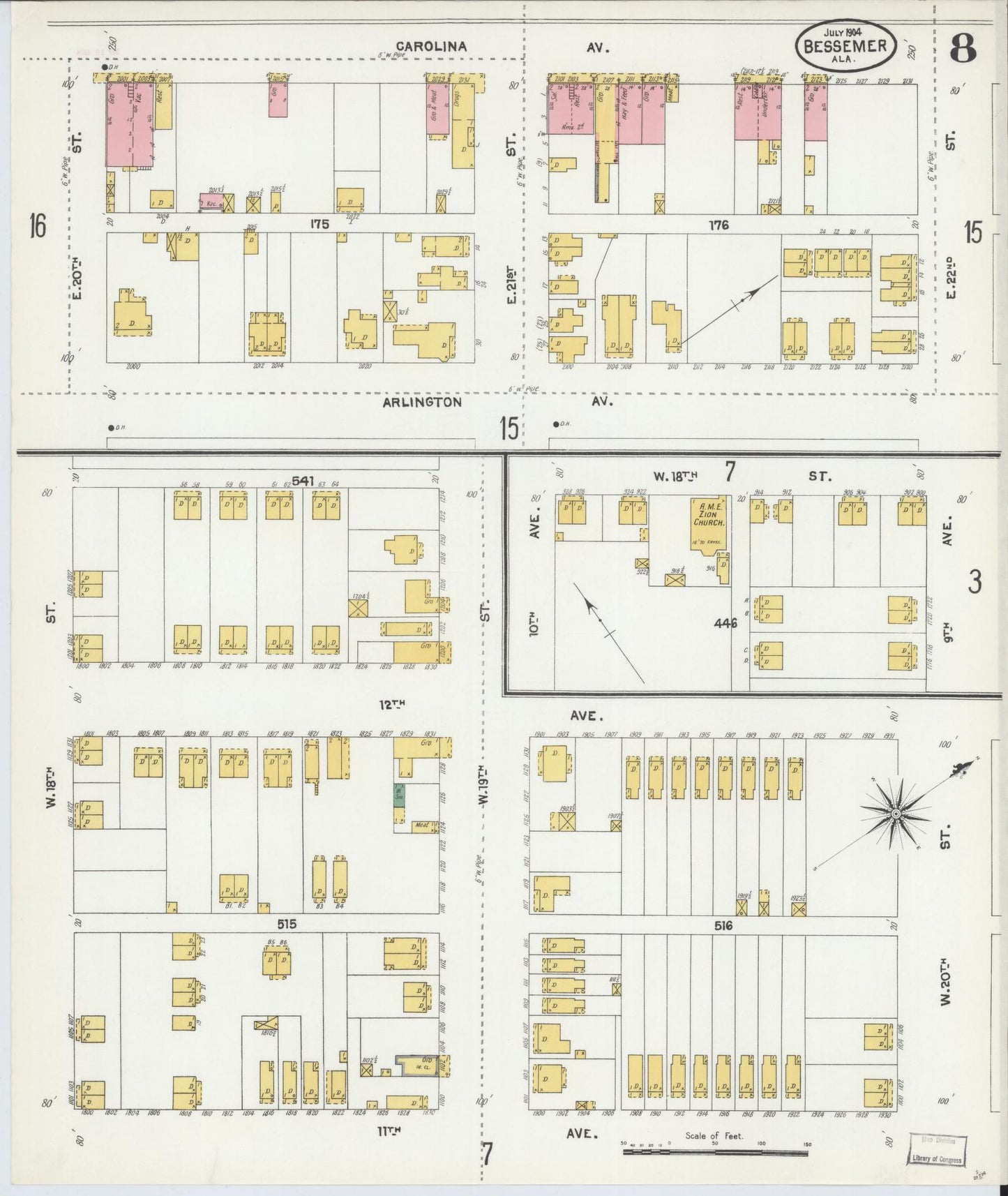 Sanborn Fire Insurance Map from Bessemer, Jefferson County, Alabama (1904), Sheet #0008 - Complete Map Set gallery image, historic Sanborn map, vintage wall art, Alabama Alabama
