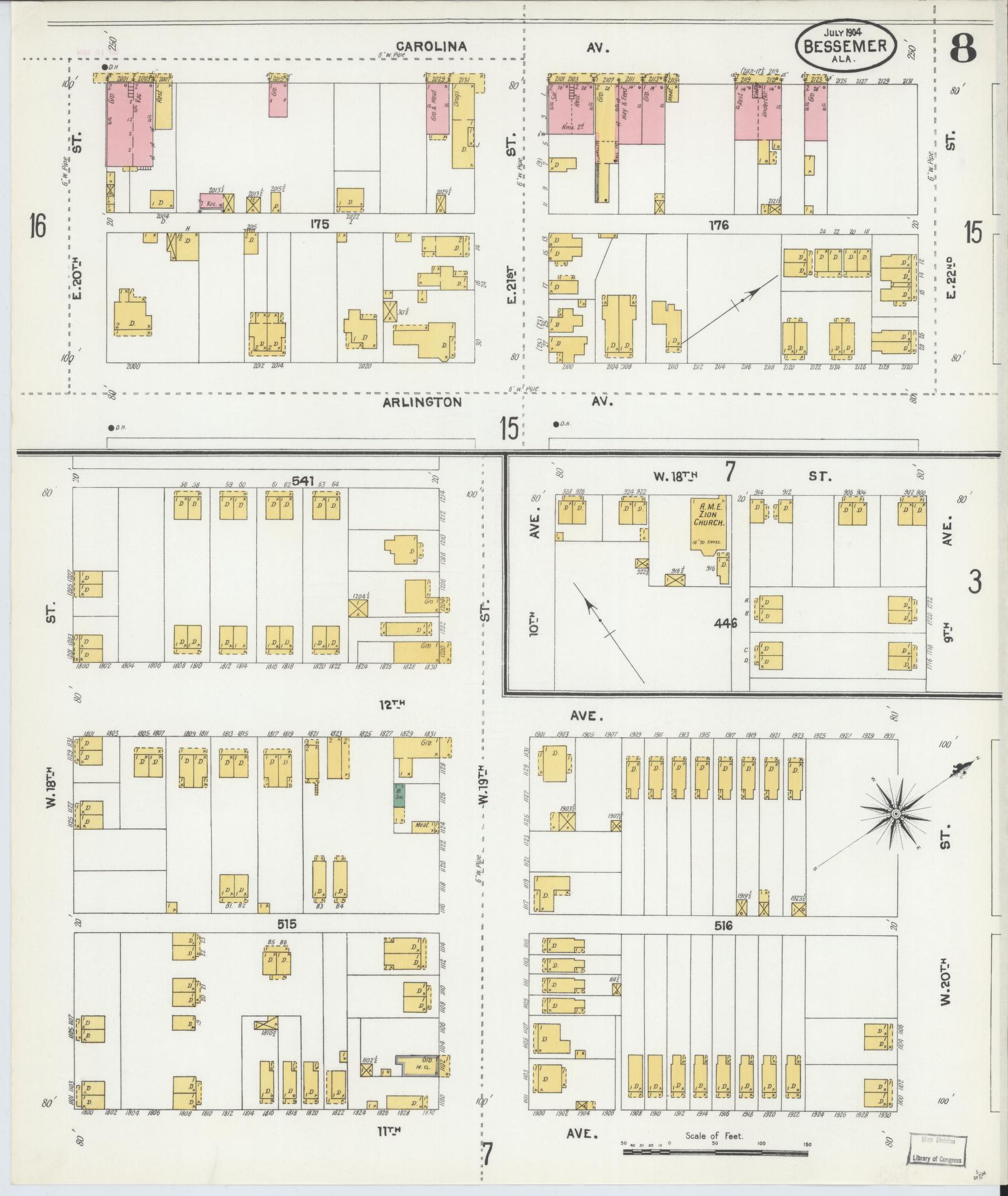 Sanborn Fire Insurance Map from Bessemer, Jefferson County, Alabama (1904), Sheet #0008 - Complete Map Set gallery image, historic Sanborn map, vintage wall art, Alabama Alabama