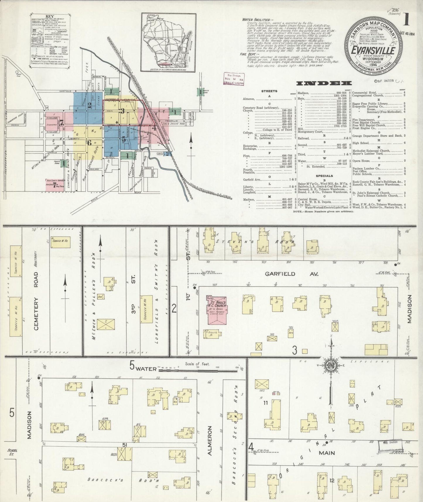 Sanborn Fire Insurance Map from Evansville, Rock County, Wisconsin (1914), Sheet #0001 - Complete Map Set gallery image, historic Sanborn map, vintage wall art, Wisconsin Wisconsin