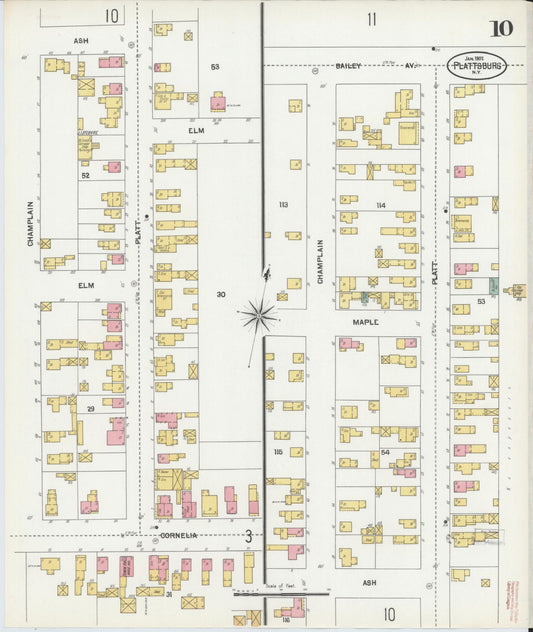 Sanborn Fire Insurance Map from Plattsburg, Clinton County, New York (1902), Sheet #0010 - Historic Sanborn Fire Insurance Map Print, vintage old map wall art, antique decor, genealogy gift, New York New York map