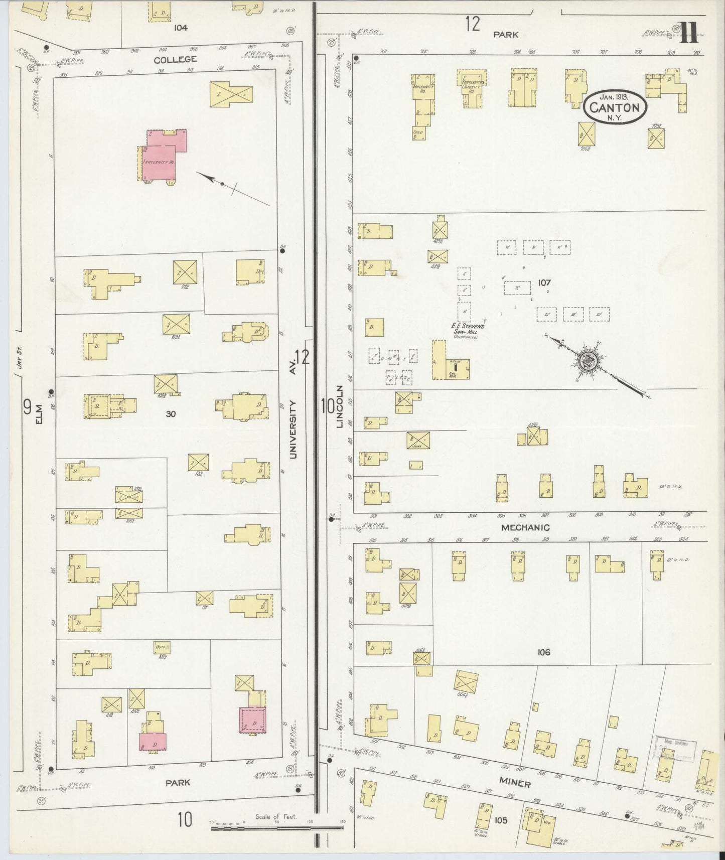 Sanborn Fire Insurance Map from Canton, St. Lawrence County, New York (1913), Sheet #0011 - Historic Sanborn Fire Insurance Map Print, vintage old map wall art, antique decor, genealogy gift, New York New York map