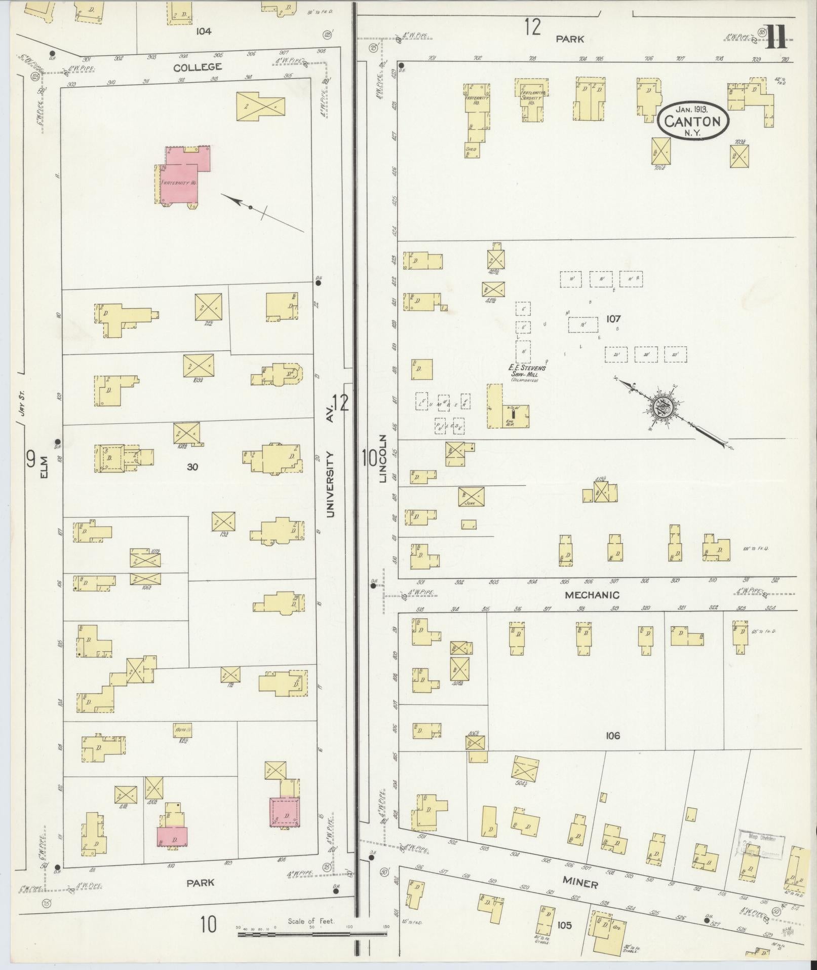 Sanborn Fire Insurance Map from Canton, St. Lawrence County, New York (1913), Sheet #0011 - Historic Sanborn Fire Insurance Map Print, vintage old map wall art, antique decor, genealogy gift, New York New York map