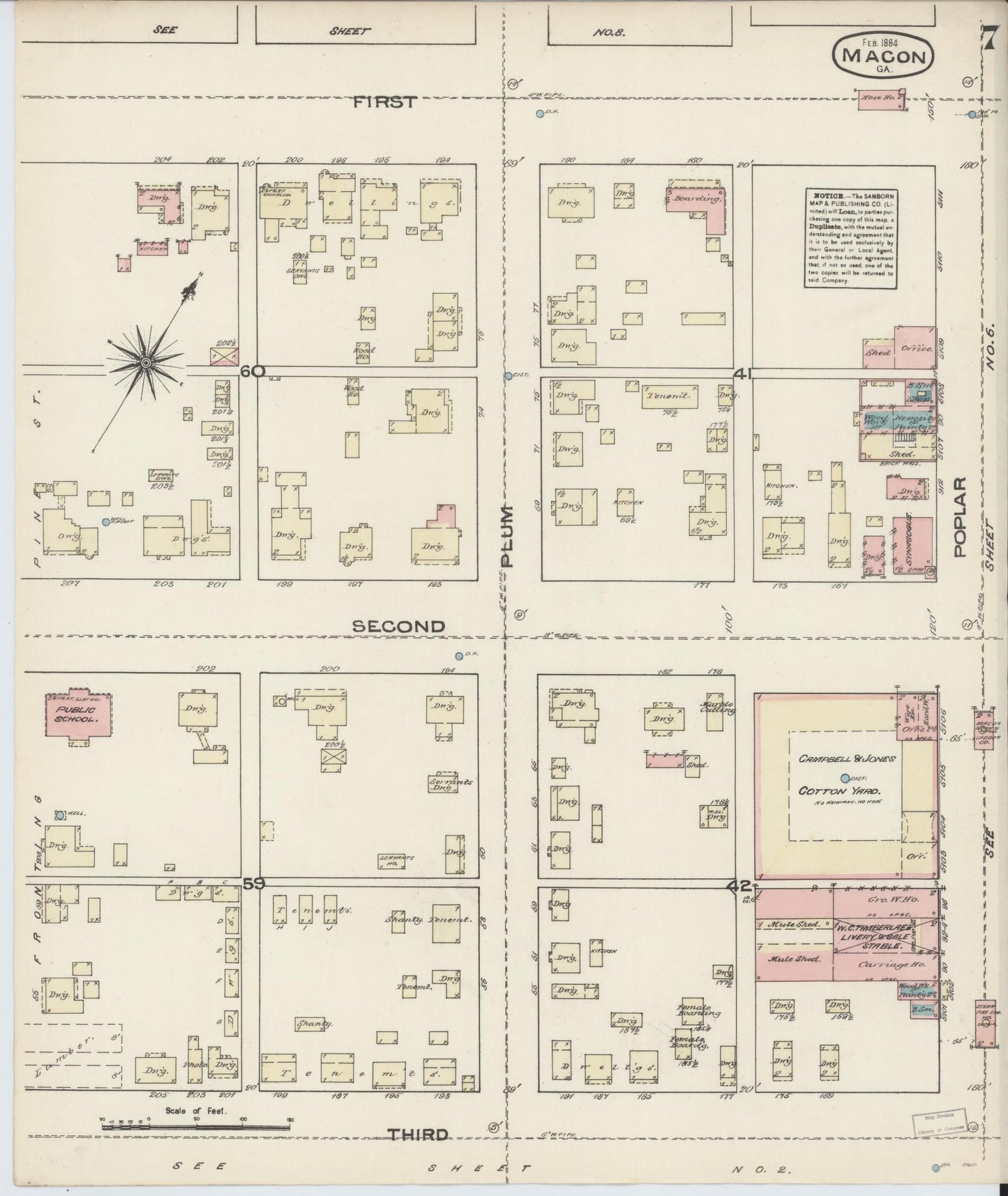 Sanborn Fire Insurance Map from Macon, Bibb and Jones County, Georgia (1884), Sheet #0007 - Historic Sanborn Fire Insurance Map Print, vintage old map wall art, antique decor, genealogy gift, Georgia Georgia map