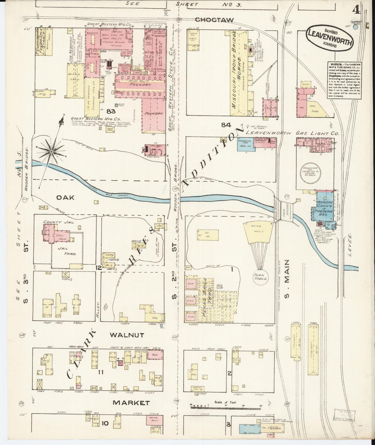 Sanborn Fire Insurance Map from Leavenworth, Leavenworth County, Kansas (1883), Sheet #0004 - Historic Sanborn Fire Insurance Map Print, vintage old map wall art, antique decor, genealogy gift, Kansas Kansas map