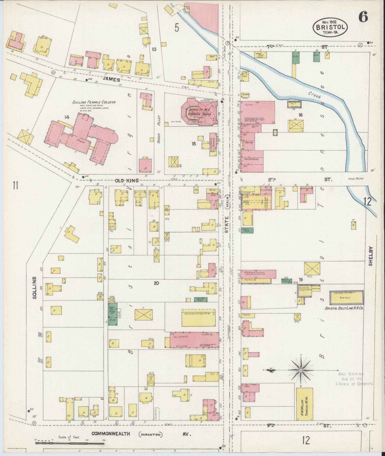 Sanborn Fire Insurance Map from Bristol, Sullivan County, Tennessee (1902), Sheet #0006 - Historic Sanborn Fire Insurance Map Print, vintage old map wall art, antique decor, genealogy gift, Tennessee Tennessee map