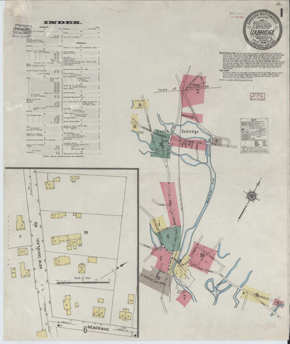 Sanborn Fire Insurance Map from Uxbridge, Worcester County, Massachusetts (1909), Sheet #0001 - Historic Sanborn Fire Insurance Map Print, vintage old map wall art, antique decor, genealogy gift, Massachusetts Massachusetts map