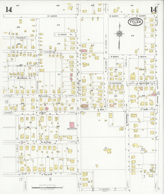 Sanborn Fire Insurance Map from Tyler, Smith County, Texas (1928), Sheet #0014 - Historic Sanborn Fire Insurance Map Print, vintage old map wall art, antique decor, genealogy gift, Texas Texas map