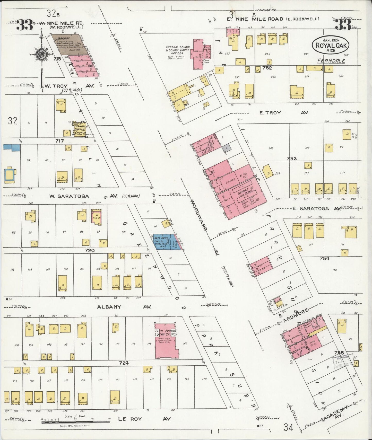 Sanborn Fire Insurance Map from Royal Oak, Oakland County, Michigan (1926), Sheet #0033 - Complete Map Set gallery image, historic Sanborn map, vintage wall art, Michigan Michigan