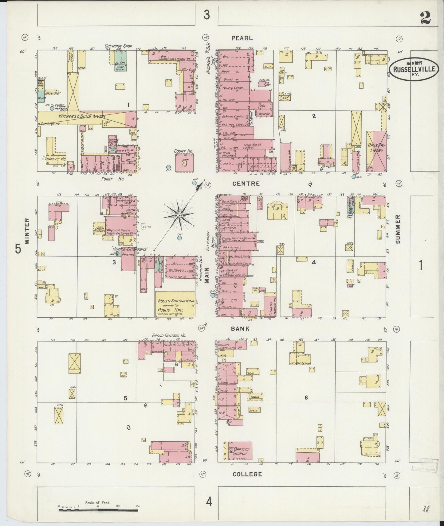 Sanborn Fire Insurance Map from Russellville, Logan County, Kentucky (1897), Sheet #0002 - Complete Map Set gallery image, historic Sanborn map, vintage wall art, Kentucky Kentucky