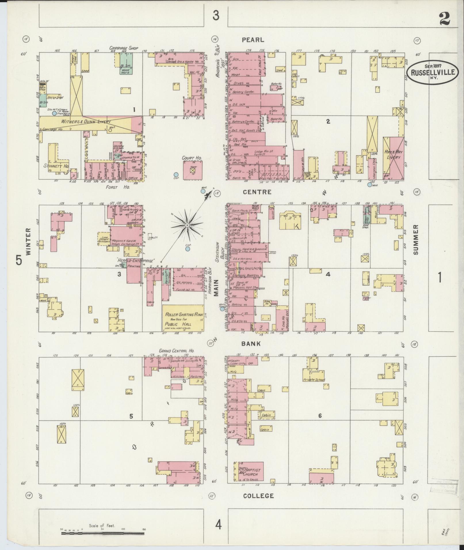 Sanborn Fire Insurance Map from Russellville, Logan County, Kentucky (1897), Sheet #0002 - Complete Map Set gallery image, historic Sanborn map, vintage wall art, Kentucky Kentucky