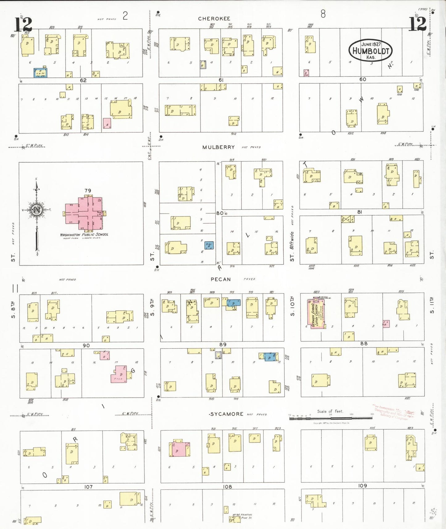 Sanborn Fire Insurance Map from Humboldt, Allen County, Kansas (1927), Sheet #0012 - Historic Sanborn Fire Insurance Map Print, vintage old map wall art, antique decor, genealogy gift, Kansas Kansas map
