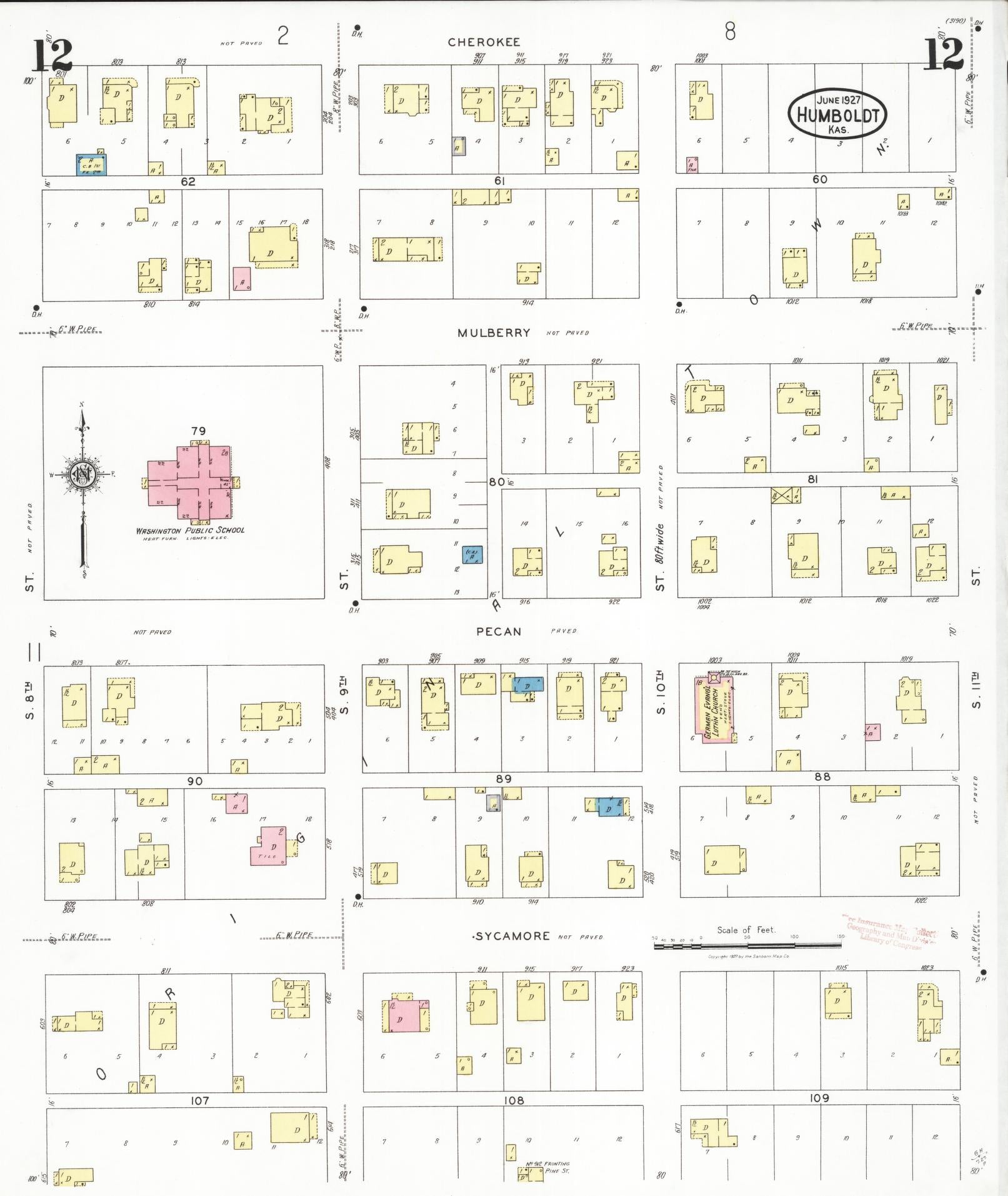 Sanborn Fire Insurance Map from Humboldt, Allen County, Kansas (1927), Sheet #0012 - Historic Sanborn Fire Insurance Map Print, vintage old map wall art, antique decor, genealogy gift, Kansas Kansas map