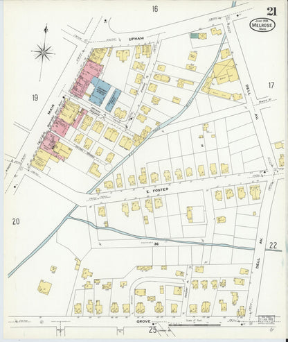 Sanborn Fire Insurance Map from Melrose, Middlesex County, Massachusetts (1909), Sheet #0021 - Historic Sanborn Fire Insurance Map Print, vintage old map wall art, antique decor, genealogy gift, Massachusetts Massachusetts map