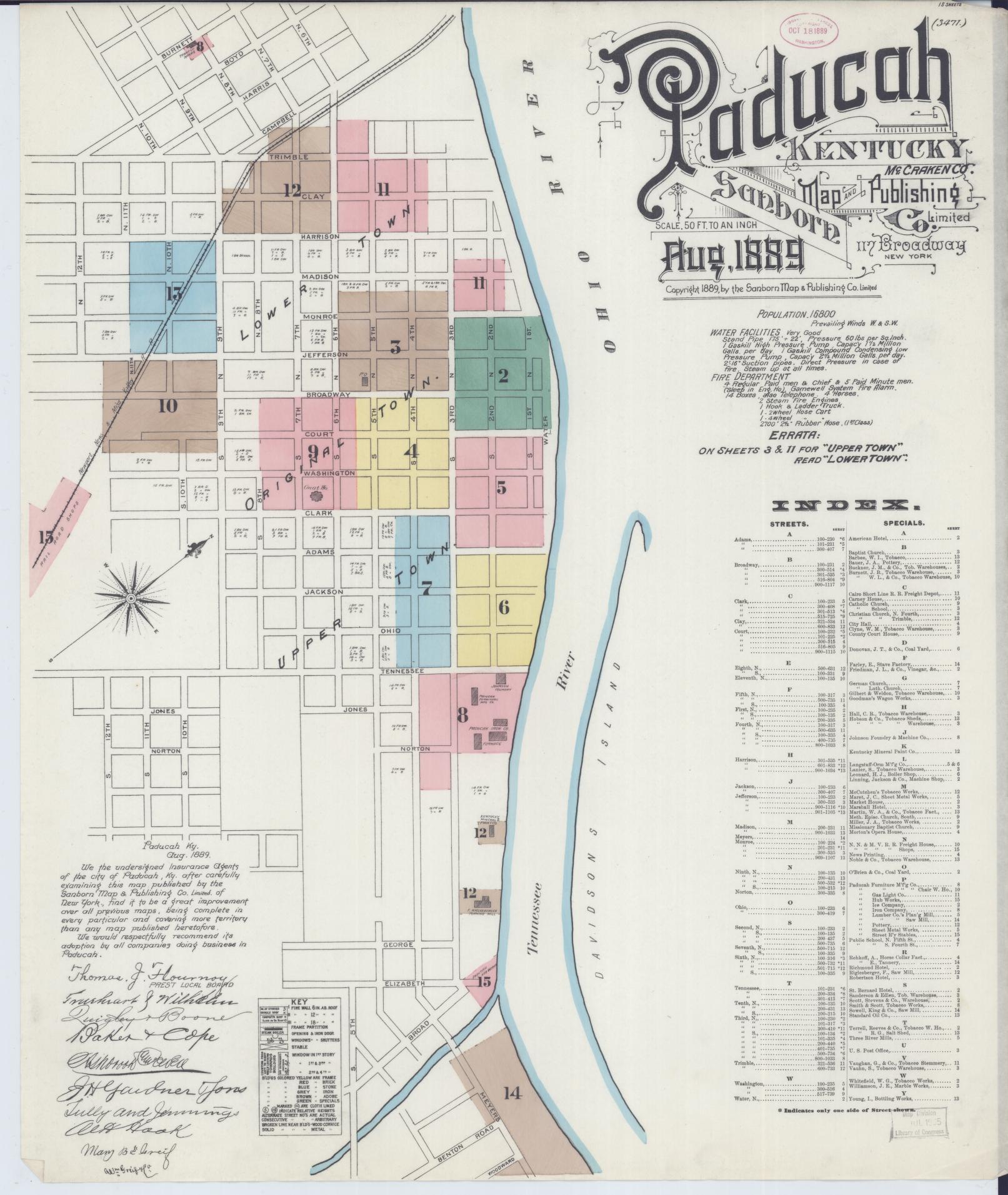 Sanborn Fire Insurance Map from Paducah, Mccraken County, Kentucky (1889), Sheet #0001 - Historic Sanborn Fire Insurance Map Print, vintage old map wall art, antique decor, genealogy gift, Kentucky Kentucky map
