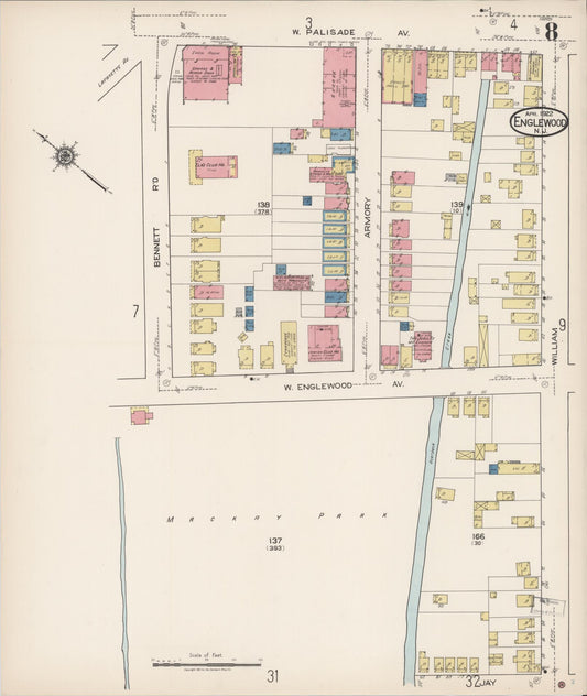 Sanborn Fire Insurance Map from Englewood, Bergen County, New Jersey (1922), Sheet #0008 - Historic Sanborn Fire Insurance Map Print, vintage old map wall art, antique decor, genealogy gift, New Jersey New Jersey map