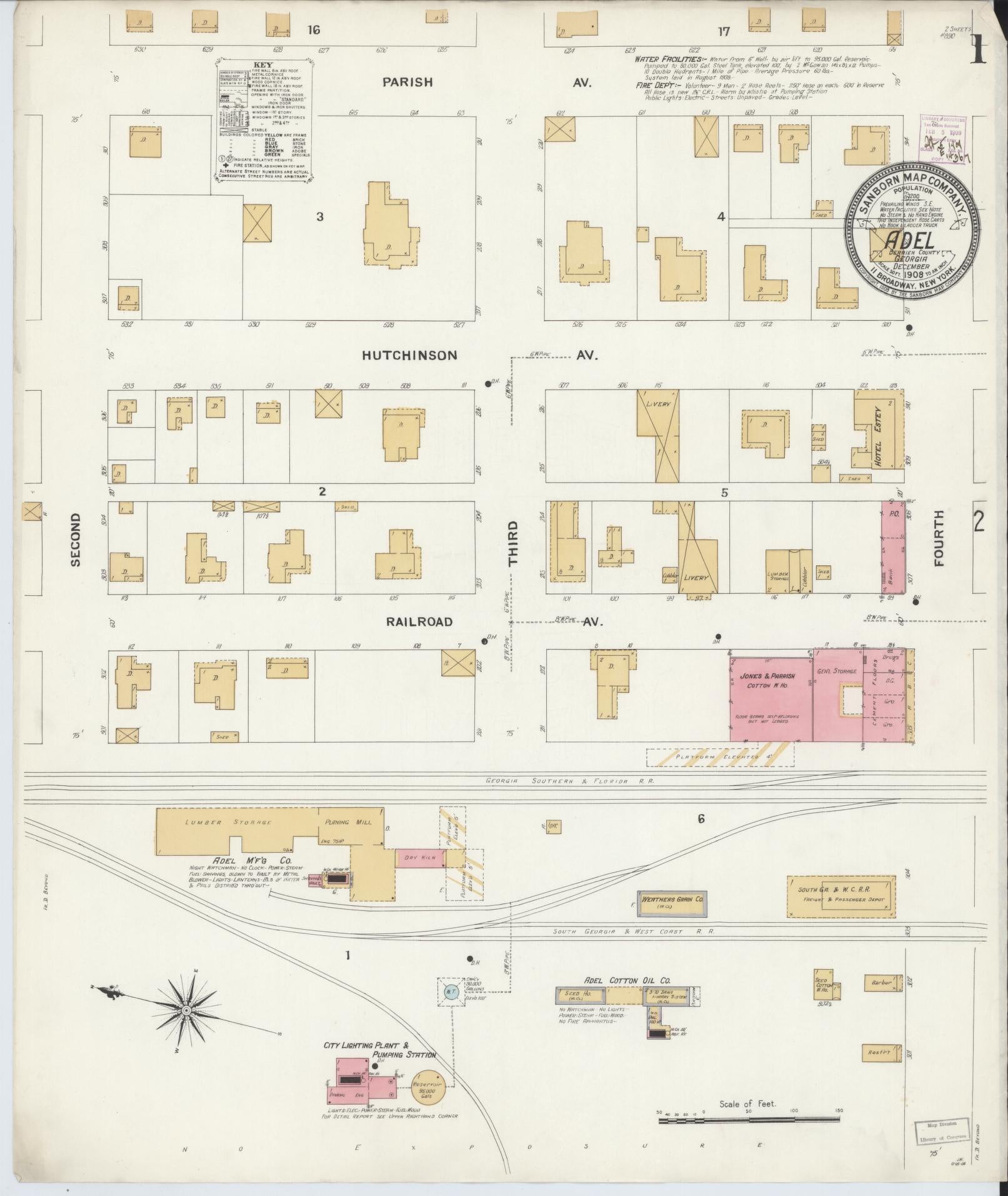 Sanborn Fire Insurance Map from Adel, Cook County, Georgia (1908), Sheet #0001 - Complete Map Set gallery image, historic Sanborn map, vintage wall art, Georgia Georgia
