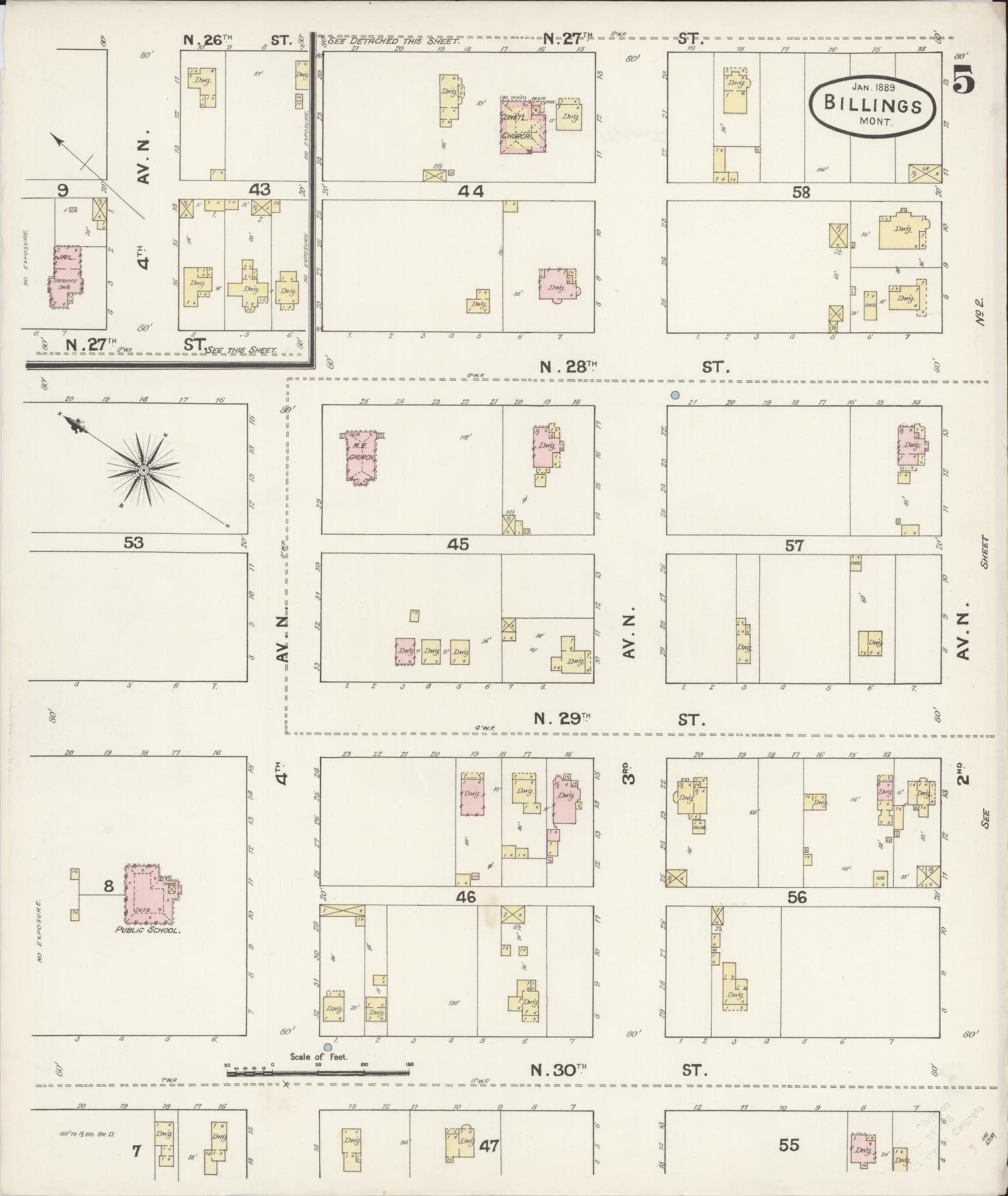 Sanborn Fire Insurance Map from Billings, Yellowstone County, Montana (1889), Sheet #0005 - Historic Sanborn Fire Insurance Map Print, vintage old map wall art, antique decor, genealogy gift, Montana Montana map