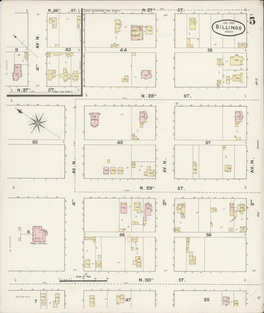 Sanborn Fire Insurance Map from Billings, Yellowstone County, Montana (1889), Sheet #0005 - Historic Sanborn Fire Insurance Map Print, vintage old map wall art, antique decor, genealogy gift, Montana Montana map