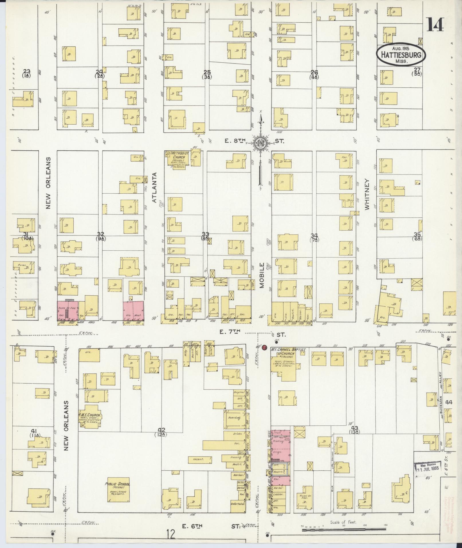 Sanborn Fire Insurance Map from Hattiesburg, Forrest County, Mississippi (1915), Sheet #0014 - Historic Sanborn Fire Insurance Map Print, vintage old map wall art, antique decor, genealogy gift, Mississippi Mississippi map