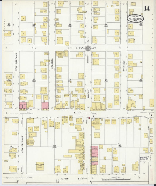 Sanborn Fire Insurance Map from Hattiesburg, Forrest County, Mississippi (1915), Sheet #0014 - Historic Sanborn Fire Insurance Map Print, vintage old map wall art, antique decor, genealogy gift, Mississippi Mississippi map