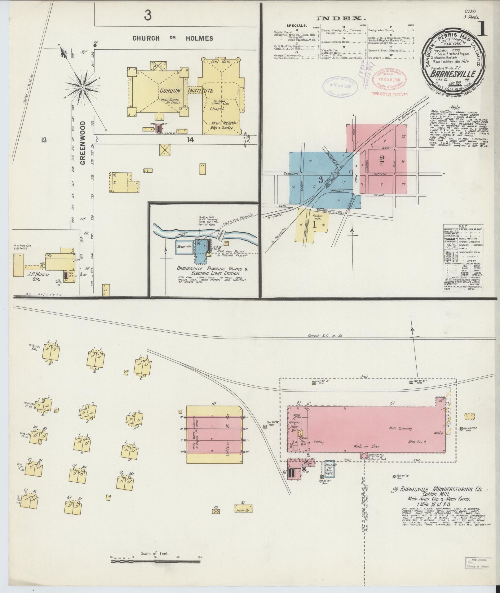 Sanborn Fire Insurance Map from Barnesville, Lamar County, Georgia (1898), Sheet #0001 - Historic Sanborn Fire Insurance Map Print, vintage old map wall art, antique decor, genealogy gift, Georgia Georgia map
