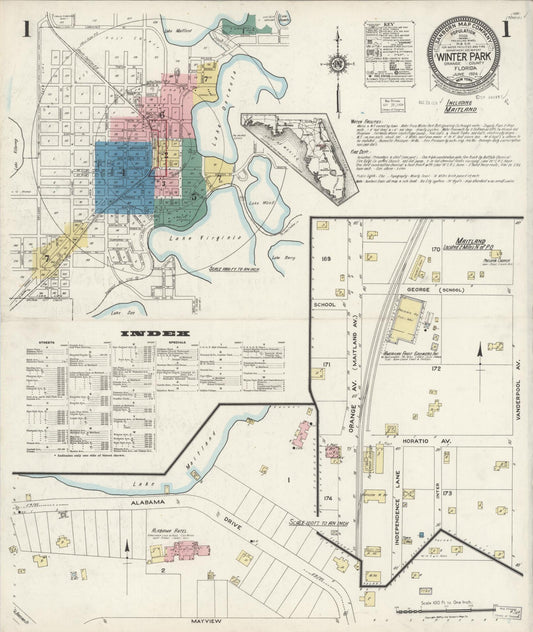 Sanborn Fire Insurance Map from Winter Park, Orange County, Florida (1924), Sheet #0001 - Historic Sanborn Fire Insurance Map Print, vintage old map wall art, antique decor, genealogy gift, Florida Florida map