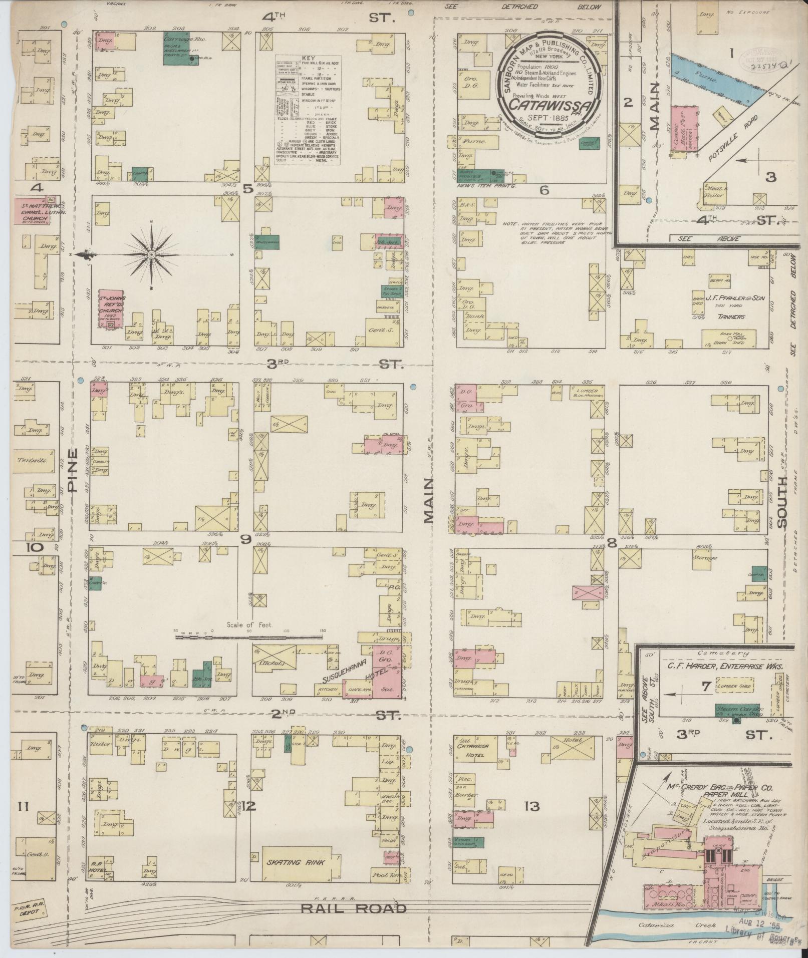 Sanborn Fire Insurance Map from Catawissa, Columbia County, Pennsylvania (1885), Sheet #0001 - Historic Sanborn Fire Insurance Map Print, vintage old map wall art, antique decor, genealogy gift, Pennsylvania Pennsylvania map