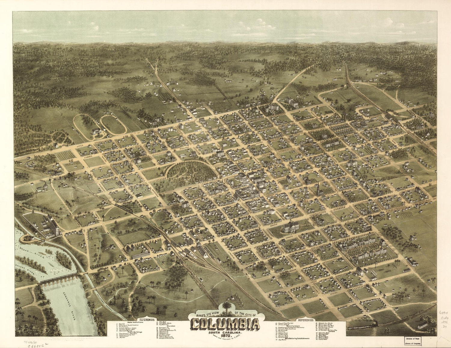 Bird's eye view of the city of Columbia, South Carolina 1872. (1872) – Historic Bird’s-Eye View Panorama Print