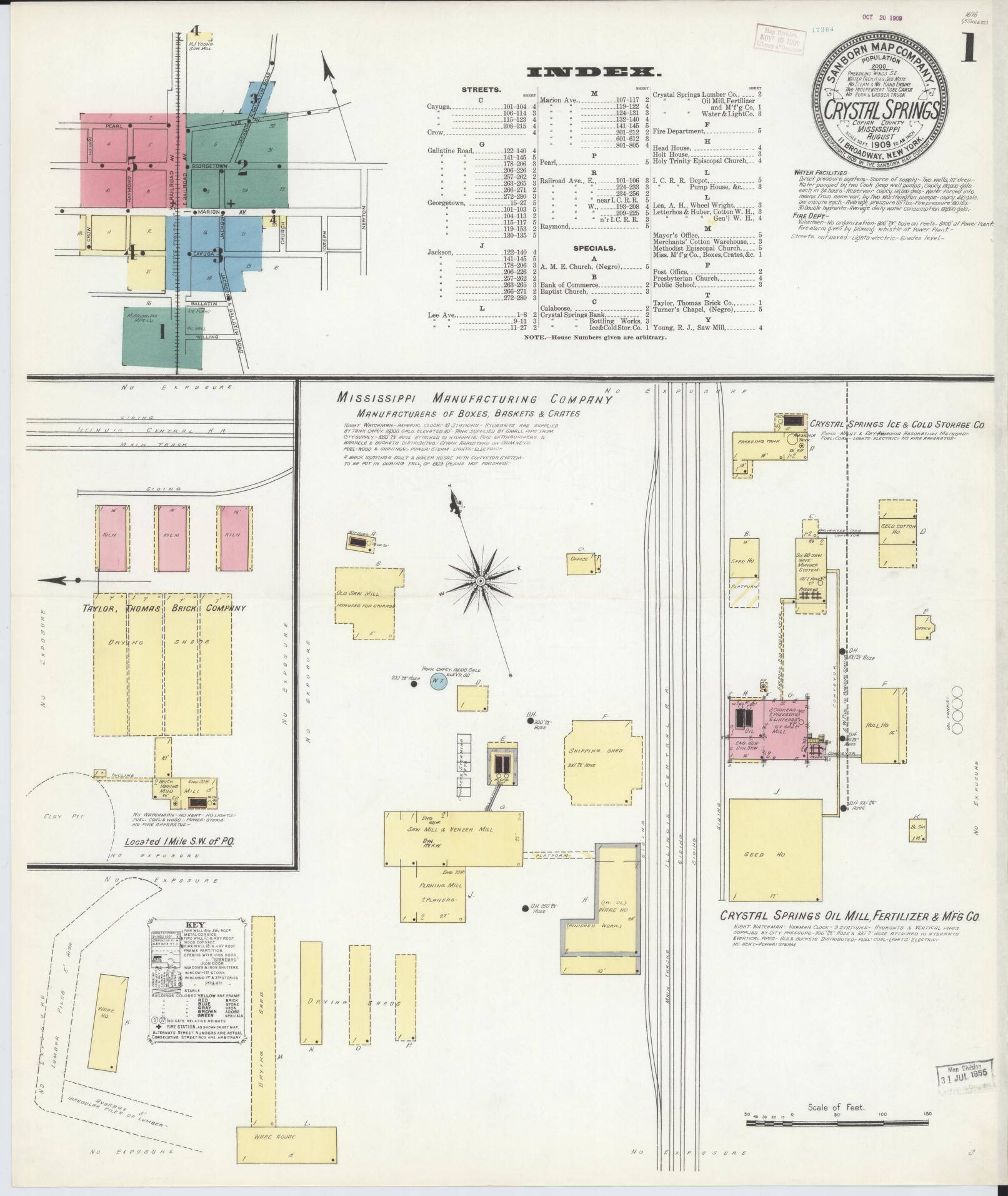 Sanborn Fire Insurance Map from Crystal Springs, Copiah County, Mississippi (1909), Sheet #0001 - Historic Sanborn Fire Insurance Map Print, vintage old map wall art, antique decor, genealogy gift, Mississippi Mississippi map