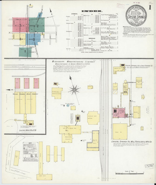 Sanborn Fire Insurance Map from Crystal Springs, Copiah County, Mississippi (1909), Sheet #0001 - Historic Sanborn Fire Insurance Map Print, vintage old map wall art, antique decor, genealogy gift, Mississippi Mississippi map
