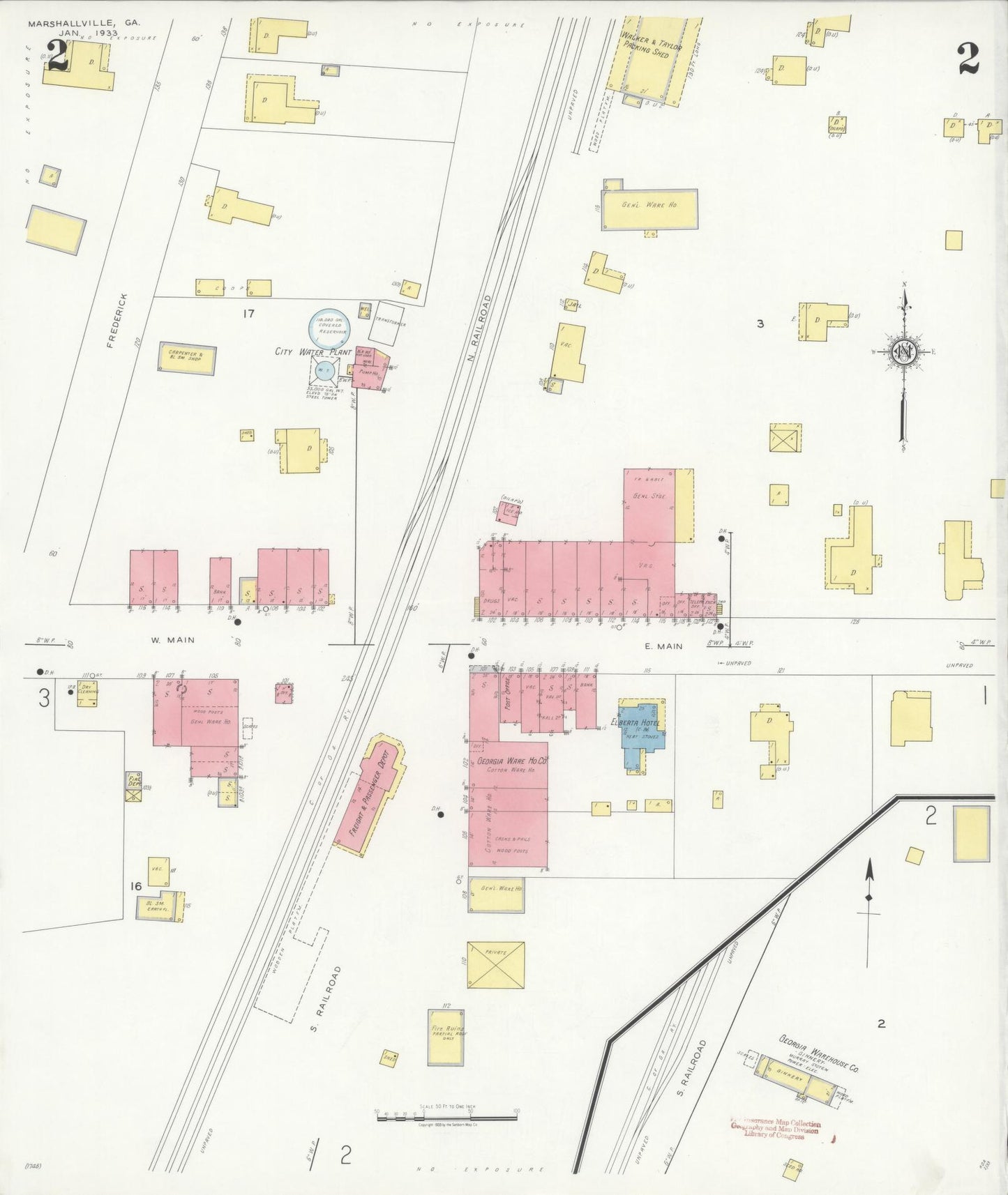 Sanborn Fire Insurance Map from Marshallville, Macon County, Georgia (1933), Sheet #0002 - Historic Sanborn Fire Insurance Map Print, vintage old map wall art, antique decor, genealogy gift, Georgia Georgia map