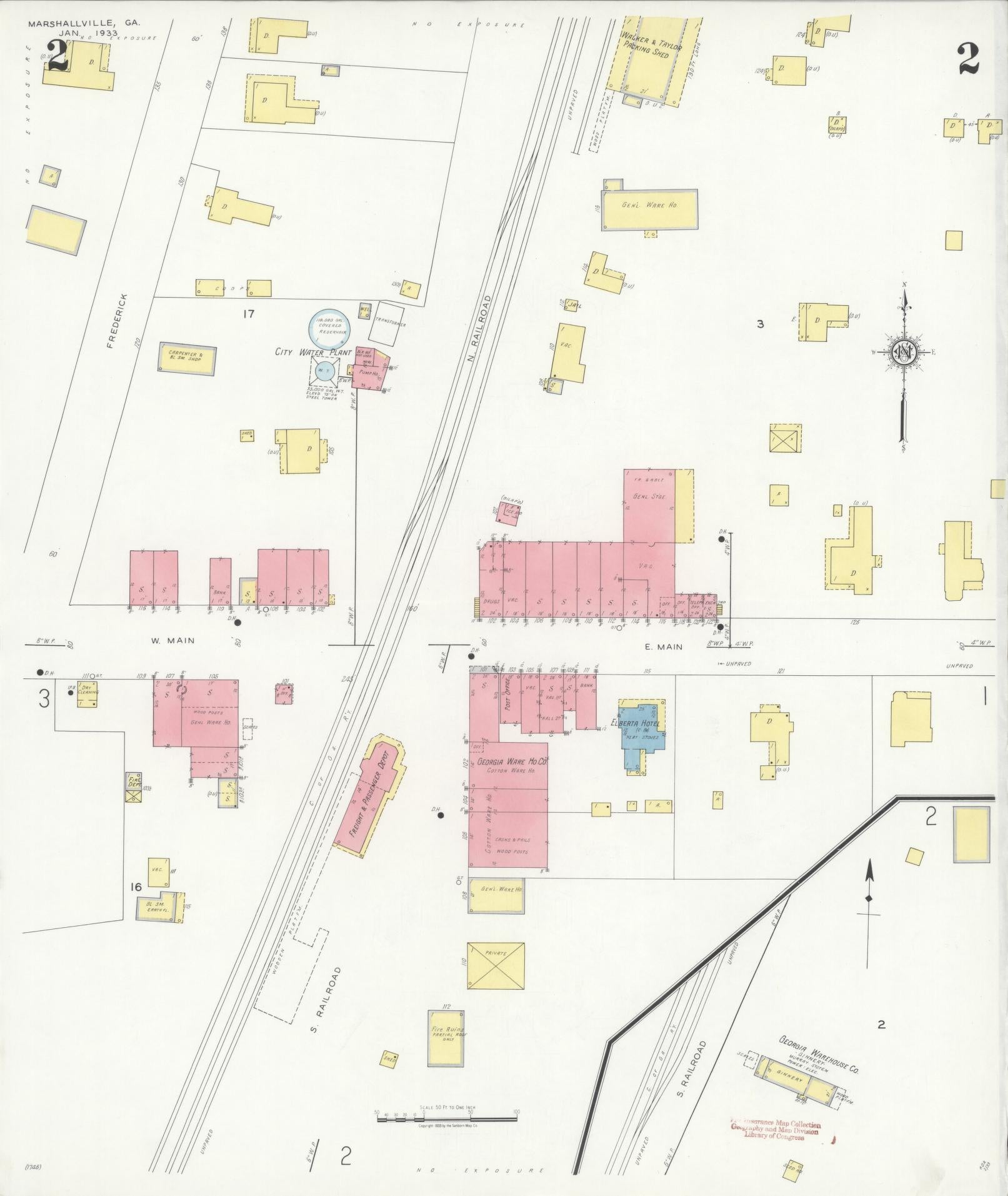 Sanborn Fire Insurance Map from Marshallville, Macon County, Georgia (1933), Sheet #0002 - Historic Sanborn Fire Insurance Map Print, vintage old map wall art, antique decor, genealogy gift, Georgia Georgia map