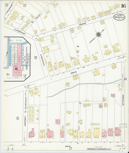 Sanborn Fire Insurance Map from Danville, Independent Cities, Virginia (1910), Sheet #0016 - Historic Sanborn Fire Insurance Map Print, vintage old map wall art, antique decor, genealogy gift, Virginia Virginia map