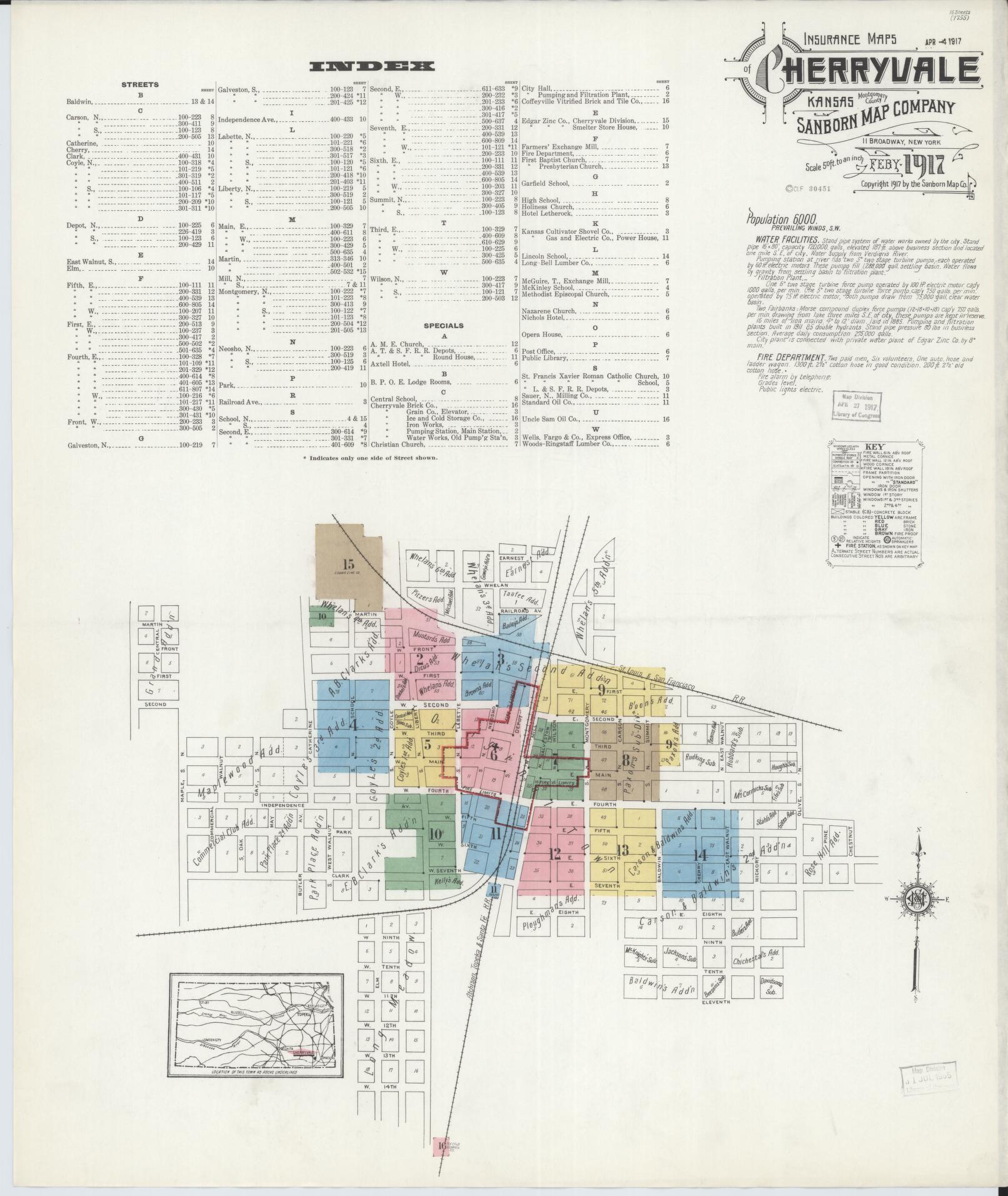 Sanborn Fire Insurance Map from Cherryvale, Montgomery County, Kansas (1917), Sheet #0001 - Complete Map Set gallery image, historic Sanborn map, vintage wall art, Kansas Kansas