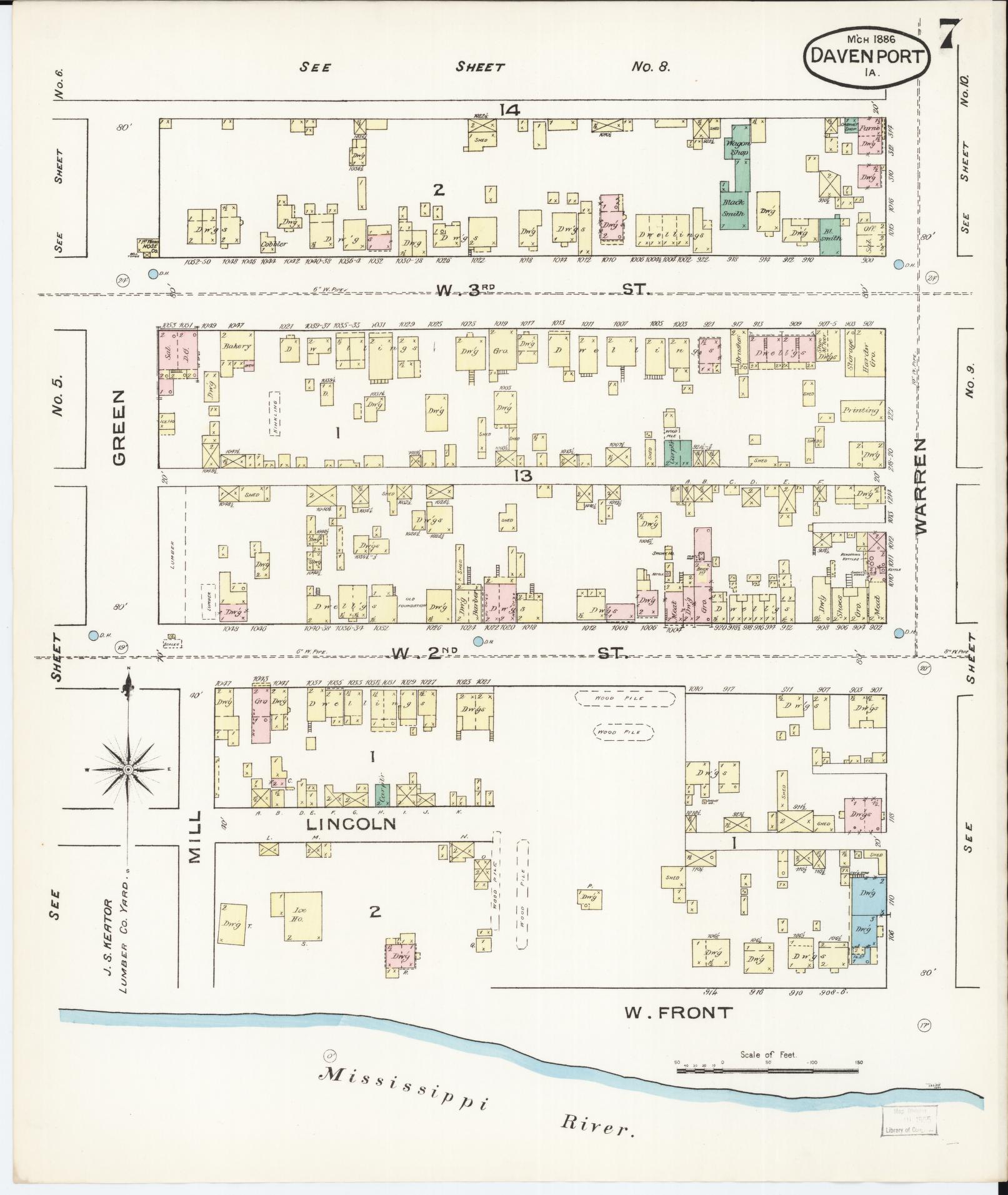 Sanborn Fire Insurance Map from Davenport, Scott County, Iowa (1886), Sheet #0007 - Historic Sanborn Fire Insurance Map Print, vintage old map wall art