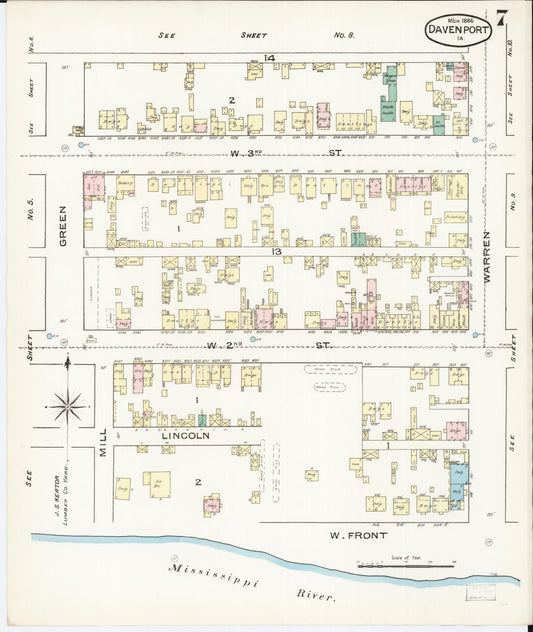 Sanborn Fire Insurance Map from Davenport, Scott County, Iowa (1886), Sheet #0007 - Historic Sanborn Fire Insurance Map Print, vintage old map wall art