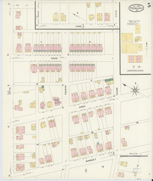 Sanborn Fire Insurance Map from Perkasie, Bucks County, Pennsylvania (1908), Sheet #0005 - Historic Sanborn Fire Insurance Map Print, vintage old map wall art, antique decor, genealogy gift, Pennsylvania Pennsylvania map