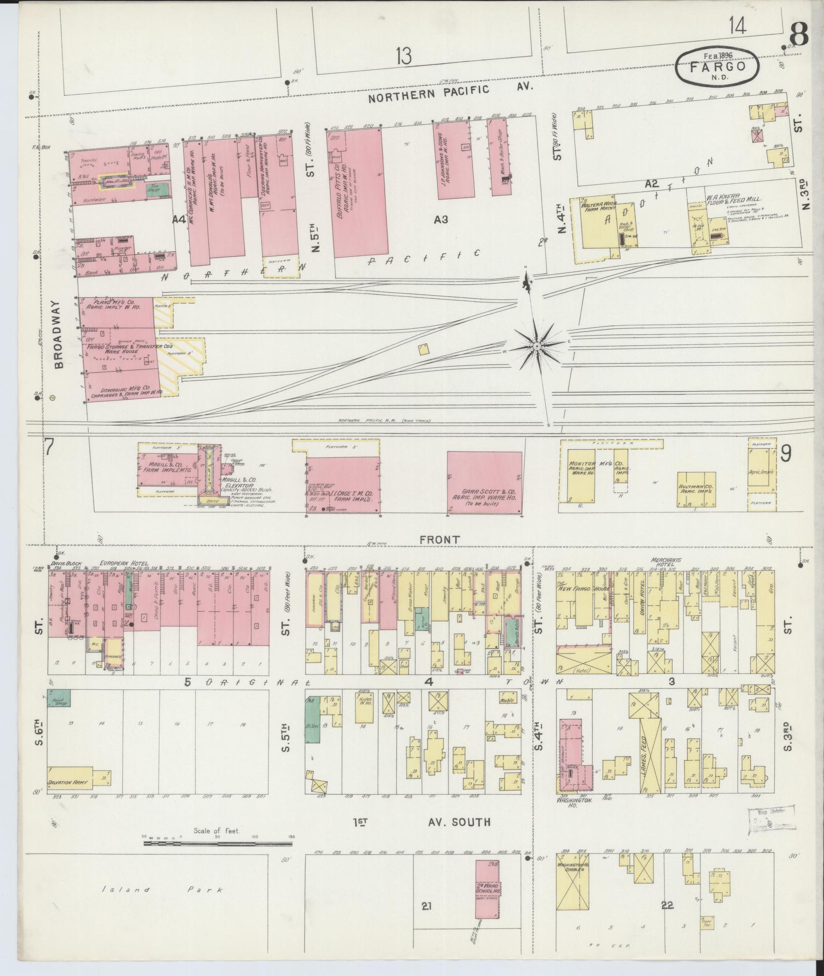 Sanborn Fire Insurance Map from Fargo, Cass County, North Dakota (1896), Sheet #0008 - Historic Sanborn Fire Insurance Map Print, vintage old map wall art, antique decor, genealogy gift, North Dakota North Dakota map