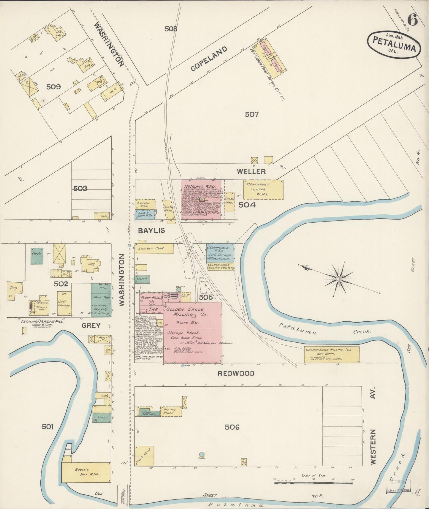 Sanborn Fire Insurance Map from Petaluma, Sonoma County, California (1888), Sheet #0006 - Complete Map Set gallery image, historic Sanborn map, vintage wall art, California California